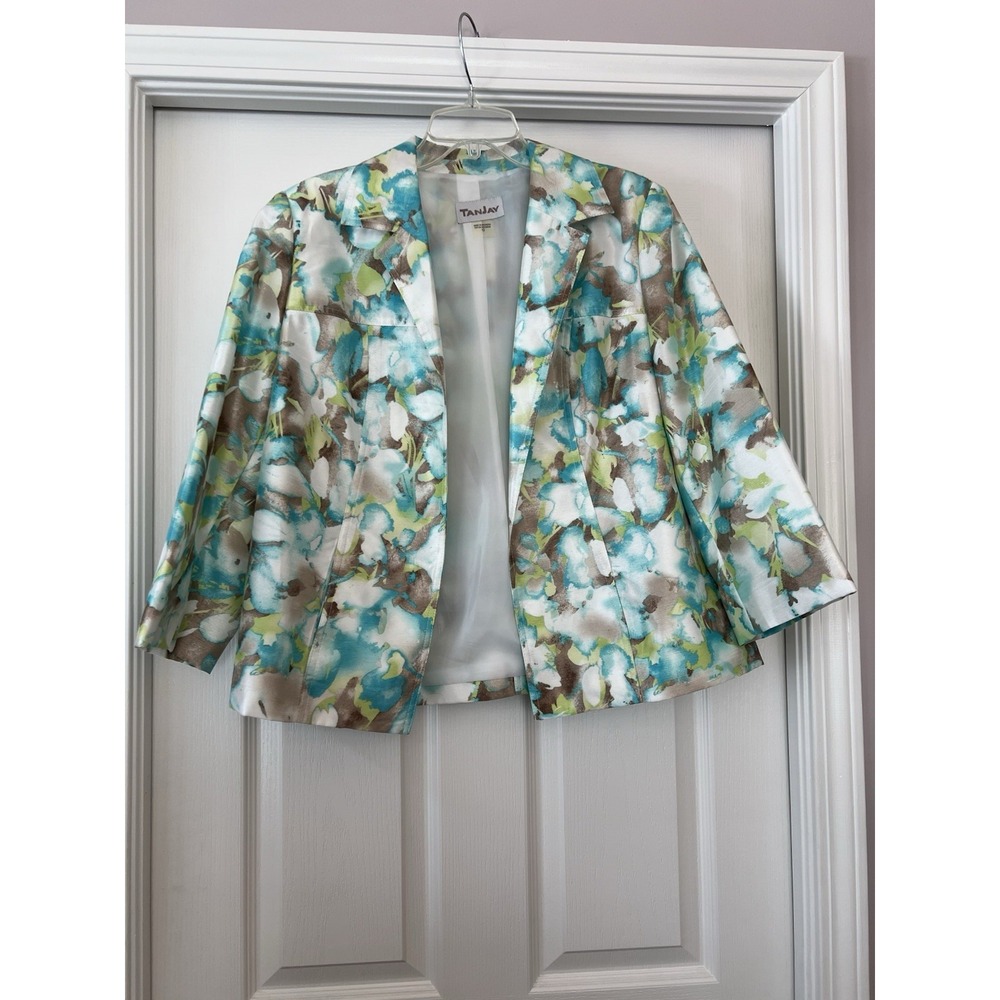 TanJay Jacket Womens 12 Green Floral Jacquard Blazer Medium Evening Office Wear